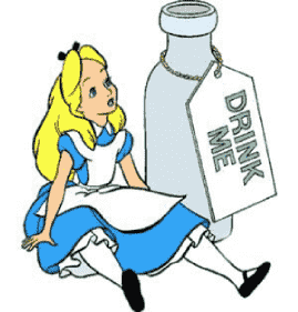 Alice in Wonderland with a large bottle that says drink me