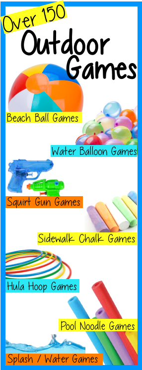 outdoor games for kids, tweens and teens, water splash games, hula hoop, squirt gun, pool noodle, beach ball